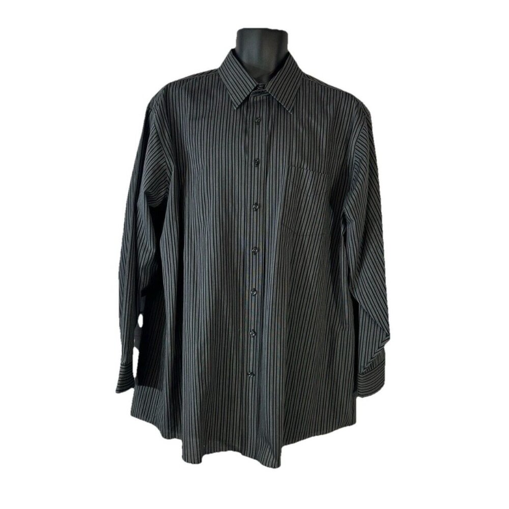 Stanford Men’s Dress Shirt Size 17 34/35 Long Sleeve Black gray Striped 1 Pocket